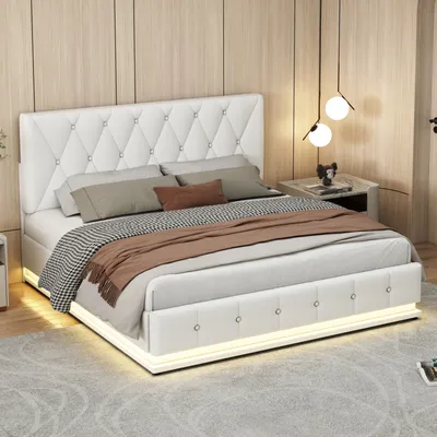 Produktbild von Bett mit Stauraum, Erwachsenenbett 140 x 200 cm mit LED-Beleuchtung. Kunstleder. Weiß.