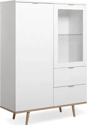 Produktbild von freiraum Highboard Vitrinenschrank, 2 Türen, 2 Schubkästen, Spanplatte, Massivholz, Sicherheitsglas, Weiß, Sonoma-Eiche, Silber, Skandinavisch, 140 cm x 100 cm x 40 cm, Einlegeböden höhenverstellbar, Zerlegt