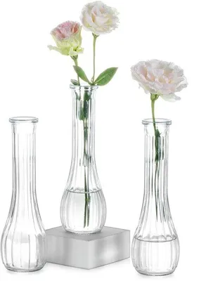 Produktbild von Unyqoos® 3er-Set gerippte Glasvase – transparent, dickes Glas, 21,7 cm hoch, Ø 5,3 cm, ideal für 1–2 Blumensträuße (Rosen, Nelken, Pampasgras)