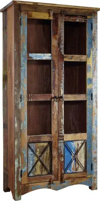 A tall, narrow wooden cabinet with glass doors and multi-colored distressed paint.