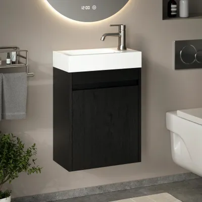 Produktbild von Waschtischunterschrank Elen – 40 cm – Schwarz Eiche – Weißes Waschbecken