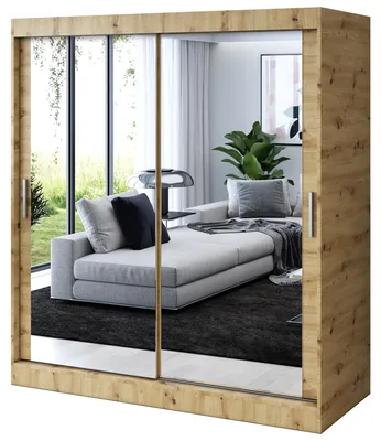 Zdjęcie produktu dla Szafa przesuwna Dąb Artisan - 180x200cm - Szafa przesuwna KARL - z 2 lustrami- do sypialni i garderoby