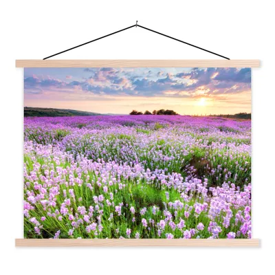 Produktbild von MuchoWow® Textilposter Blumen - Lavendel - Lila - Himmel - Sonnenuntergang - Wiese - Natur 60x45 cm mit holzfarbenen Rahmen - Bild
