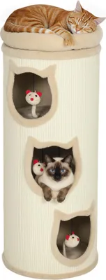 Produktbild von PawHut Kratztonne 96 cm hoch Katzentonne mit 3 Höhlen und Hängespielzeug Creme