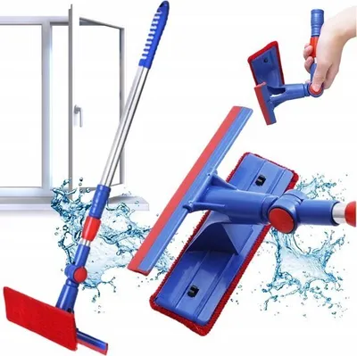 Produktbild von Playos® - Teleskop-Fensterwischer - Blau/Rot - bis zu 90 cm - 5 Ständer - kippbar - leicht - ausziehbarer Fensterwischer - Schwamm und Fensterabzieher - flexibler Fensterreiniger - Glasreiniger - Fensterreiniger Teleskopstiel