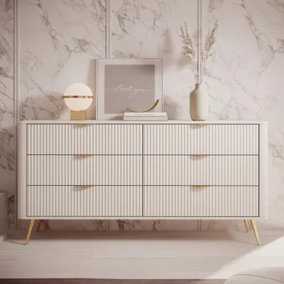 Produktbild von Kommode Sideboard FLORE 163 cm Beige Gold Geriffelt 6 Schubladen