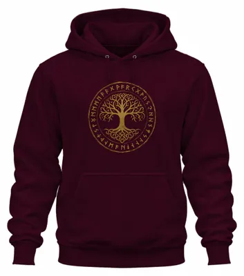 Imagen del producto de Sudadera con capucha, diseño "Yggdrasil, el árbol de la vida", estilo celta y nórdico, con runas y motivos místicos. Color burdeos, talla M
