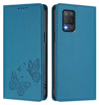Produktbild von Lederhülle für Realme 8 5G, Schmetterling Prägung Leder Brieftasche Schutzhülle mit Ständer Blau
