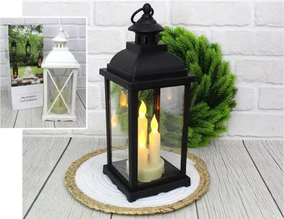 Zdjęcie produktu dla lampion, latarnia szło-plastik LED z trzema świecami mix biały i czarny 34x13 cm AE-8713