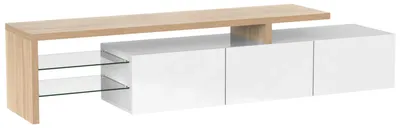 Immagine prodotto di Mobile TV - Mobile TV con ante - 197,5 x 39 x 42 cm - 3 ante - Illuminazione a LED - Finitura lucida - Ripiani in vetro - Decorazione in legno bianco