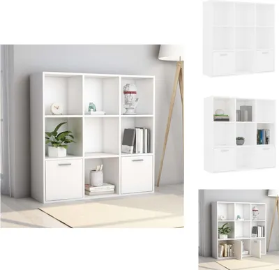 A collage of images showing a white modular bookshelf from different angles and with different styling.