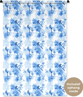 Produktbild von MuchoWow® Wandteppich Wandbehang Blumen - Vögel - Blau 90x135 cm Tapisserie Dekoration Wandtuch - Baumwolle - Wandskulptur