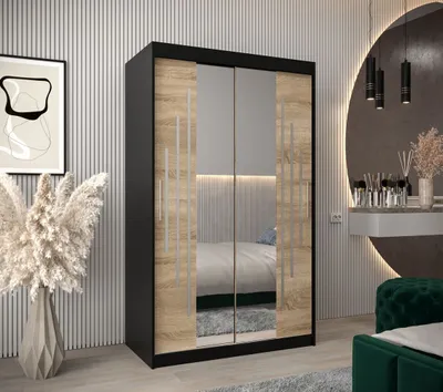 Produktbild von Kleiderschrank mit Spiegel KIRA – Breite 120 cm, schwarz / Eiche sonoma