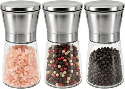 Produktbild von Set aus 3 Salz- und Pfeffermühlen – 180 ml – Manuelle Gewürzmühlen – Edelstahlgehäuse und Glasbehälter – Luxento