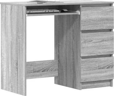 A gray wood-effect desk with a pull-out keyboard tray and drawers.