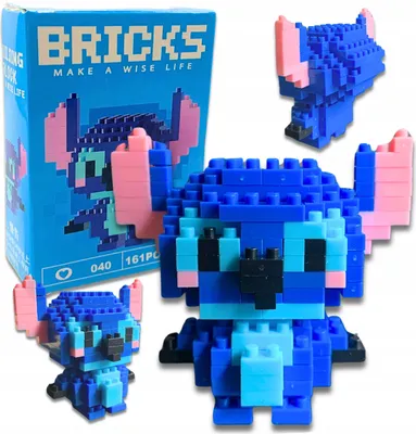 A product shot of a building block toy set featuring Stitch from Lilo & Stitch, with the product box and several assembled models.