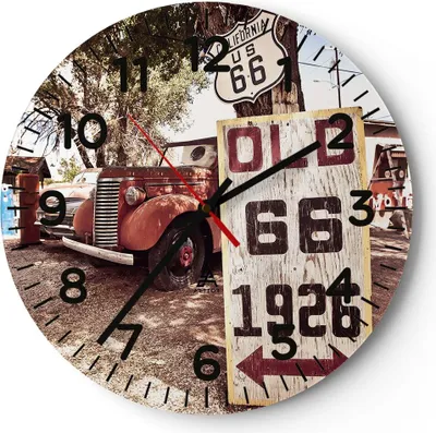 Produktbild von Wanduhr - Rund - Glasuhr - Straße alt 66 USA - 30x30cm - Schleichendes Uhrwerk - Lautlos - zum Aufhängen bereit - Dekoration Modern - Wanddekoration aus Glas - C4AR30x30-3562
