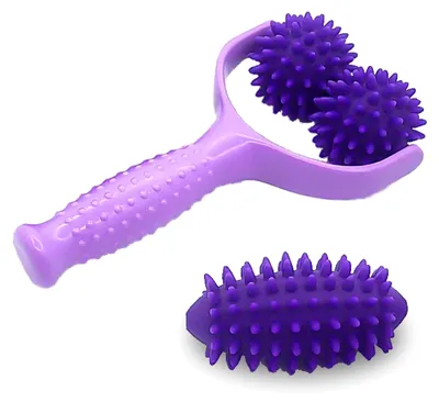 Produktbild von Massageroller für Beine und Rücken mit Griff und drei austauschbaren Stachelkugeln