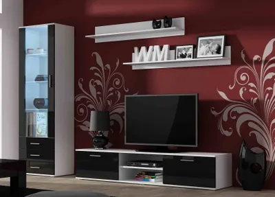 Produktbild von Furniture24 Wohnwand SOHO 1 mit Blauer LED Beleuchtung, Anbauwand, Wohnzimmerschrank, Schrankwand, Vitrine, Lowboard, Hängeregal Weiß/Schwarz Hochglanz