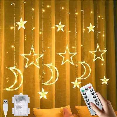 LED-Vorhangbeleuchtung Sterne & Mond, 3,5 m, 8 Modi, warmweiß