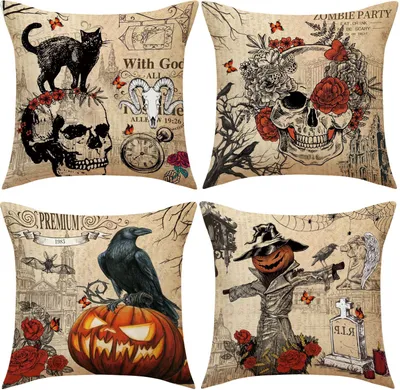 Immagine prodotto di 4 pezzi copricuscino Halloween, spaventapasseri teschio zucca cuscino cotone lino Halloween decorazione spaventosa, 45cm, 45cm