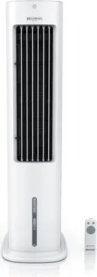 A white tower fan with a remote control on a white background.