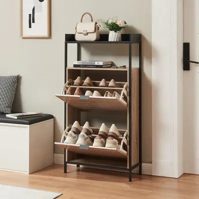 Obrázek produktu pro "Belana" skříňka na boty se 2 chlopněmi na 8-12 párů bot 116 x 60 x 24 cm černá/dubový vzhled
