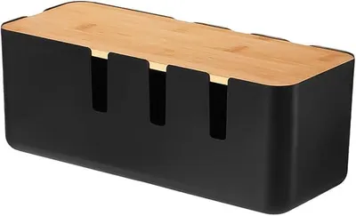 Produktbild von PolkaHome® Kabel-Organizer-Box, Kabelbox mit Bambusdeckel, Steckdosenbox für TV/Computer, 30,4 x 12,3 x 11,6 cm, Schwarz