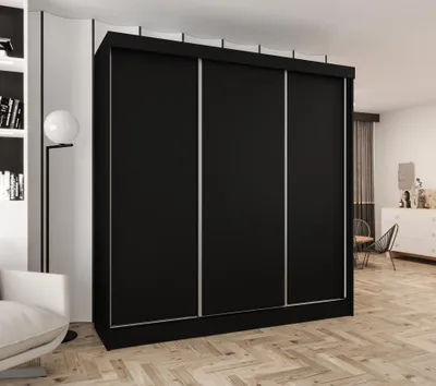 Produktbild von Schwebetürenschrank 3-türig 250x205x58 cm Schwarz mit 2 Schubladen – Moderner Kleiderschrank