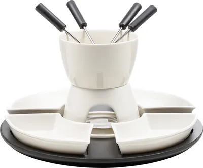 A fondue set with a ceramic pot and four serving dishes on a black tray.