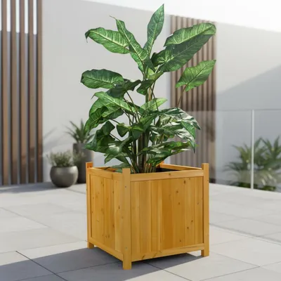 A large plant in a wooden planter sits on a tiled patio.