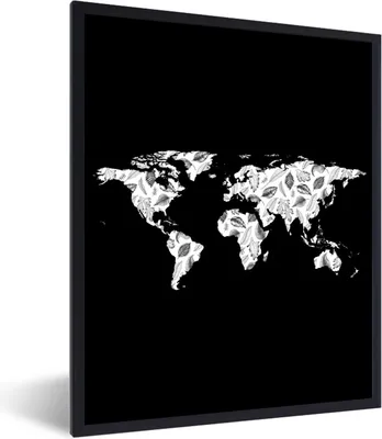 Produktbild von MuchoWow® Gerahmtes Poster Weltkarte - Pflanzen - Schwarz 60x80 cm - Poster mit Schwarzem Bilderrahmen Wandposter Rahmen Foto Bilder - Premium - Wanddeko Wohnzimmer