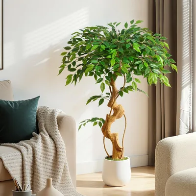 Imagen del producto de Planta artificial de ficus, 120 cm de altura, con 930 hojas, que incluye una maceta blanca, ideal para el salón