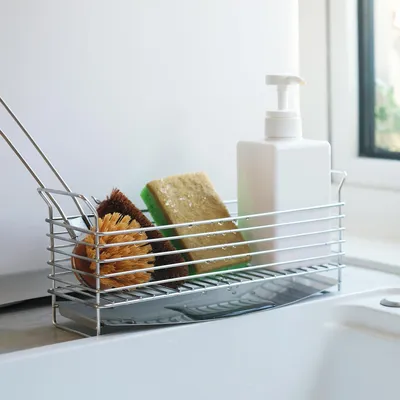 Produktbild von Spülbecken-Organizer, Schwammhalter aus Edelstahl 304, rechteckige Spülbeckenablage mit abnehmbarer Tropfschale für Küche und Bad