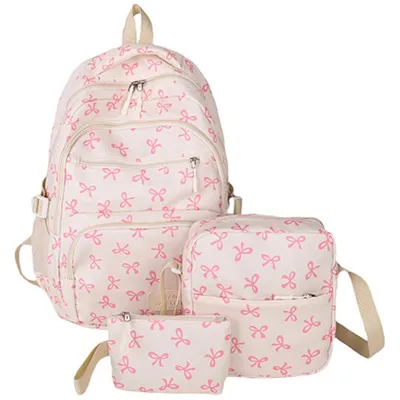 Productafbeelding van Meisjes rugzak set van 3 – Schattige rugtas met strik, grote capaciteit, bedrukte rugzak voor school en reizen, beige