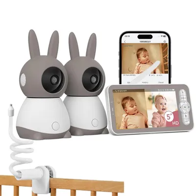 Obrázek produktu pro 2K/5,0" dětská chůvička s rozdělenou obrazovkou, 2 kamerami a APP PTZ 360° 4× zoom IR noční vidění Automatické sledování Dětská chůvička s držákem