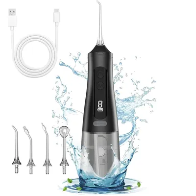 Produktbild von Elektrische Munddusche tragbar,9 Modi, 350 ml Wassertank, IPX7 wasserdicht, 1500 mAh Akku, Zahnreiniger mit 3 Düsen, USB-C Ladeanschluss