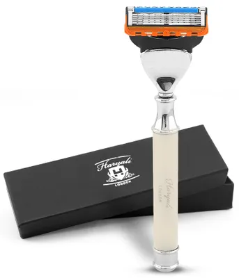 Produktbild von Nassrasierer 5-Klingen-Rasierer für Unisex, Körper- und Gesichtsrasierer, Elfenbein Pack, Rasiermesser mit Klinge und messing-silberner Oberfläche
