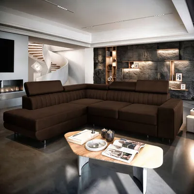 A modern living room scene featuring a large sectional sofa, a spiral staircase, and a fireplace.