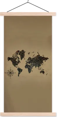 Produktbild von MuchoWow® Textilposter Weltkarte - Design - Vintage 60x120 cm mit holzfarbenen Rahmen - Holz