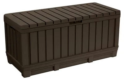 Produktbild von Keter Gartentruhe KENTWOOD 350L Braun – Wetterfeste Gartenbox in Holzoptik mit S