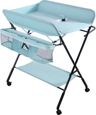 Produktbild von Baby Wickeltisch Mobile Klappbar Wickelkommode mit Aufbewahrungskorb Abschliessbaren Rädern Höhenverstellbarer Himmelblau