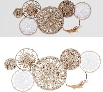 Produktbild von Wanddeko Metall Wandbild Wandskupltur 89x41,5x7cm Eisen Raffia Baumwolle Kreismotive naturfarben