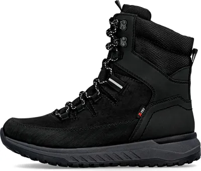 A black men's boot is shown against a white background.