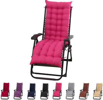 A pink recliner chair cushion is shown on a recliner chair, with several other colored cushions shown in a row below.