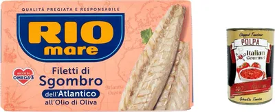 Produktbild von 12x Rio mare Filetti di Sgombro dell'Atlantico all'Olio di Oliva, Atlantische Makrelefilets mit Olivenöl 125g + Italian Gourmet polpa 400g