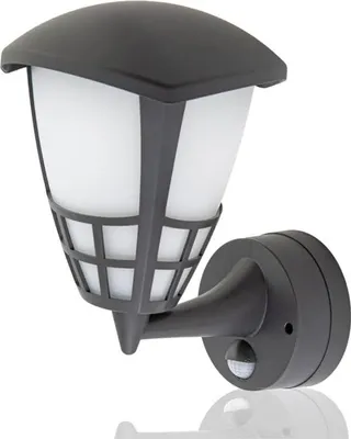 A black outdoor wall lamp with a white frosted glass shade and a motion sensor.