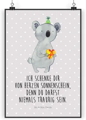 Produktbild von Mr. & Mrs. Panda Bild Koala Geschenk DIN A3 - Grau Pastell - Kunstdruck, Geburtstag, drucke, Wandbild, Party, wanddeko, Plakat