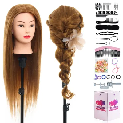 Productafbeelding van Elzusha - Kappers Oefenhoofd 61cm 80% Echt Haar met Tafelhouder en Vlechtset