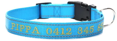 Produktbild von Personalisiertes Hundehalsband mit individuell gesticktem Namen und Telefonnummer, Schnellverschluss-D-Ring, Himmelblau-M